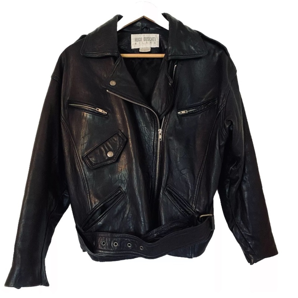Vintage Hugo Buscati Milano Genuine Leather Motorcycle Jacket Black XS EUC